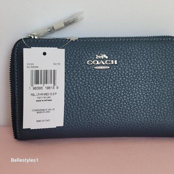 COACH Pebbled Leather Medium ID Window Zip-Around Wallet- Denim color - Picture 16 of 16